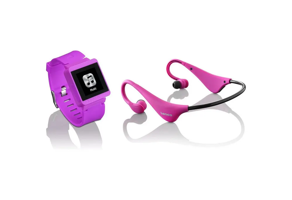 Lenco MP3 Sportwatch-100 mit BH-100 Bluetooth Kopfhörer Bluetooth-Kopfhörer (Touchscreen, Bluetooth, 8gb IPX-4 Sportuhr mit Bluetooth Kopfhörer Akku Rosa)