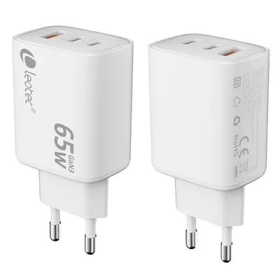 Mobilladegerät Leotec LECSPH65W3W2 GaN 65W 2x USB-C PD 1x USB-A Weiß Ultra Slim