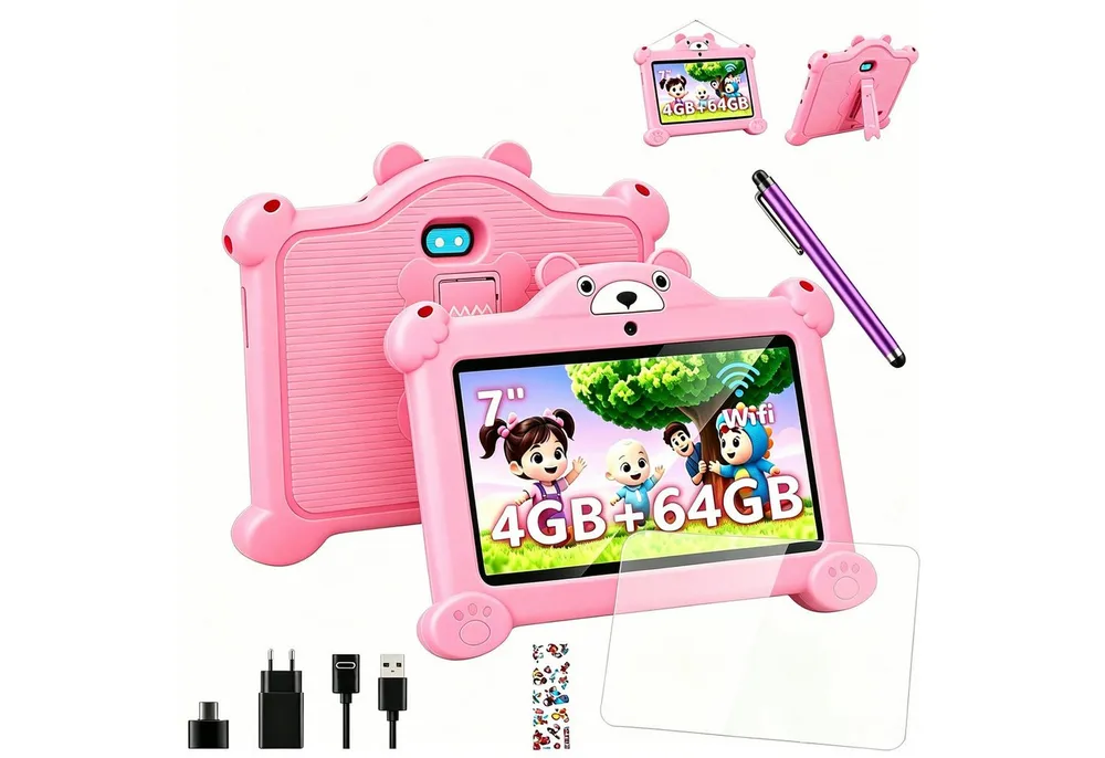 LETGOSPT 7 Zoll 4GB+64GB WiFi Bluetooth IPS HD-Display Android 15 Kinder Tablet (7", 64 GB, Android 15, WiFi, ab 3 Jahren Dual-Kamera mit Hülle & Stift, Google Kids Space Gemini AI)
