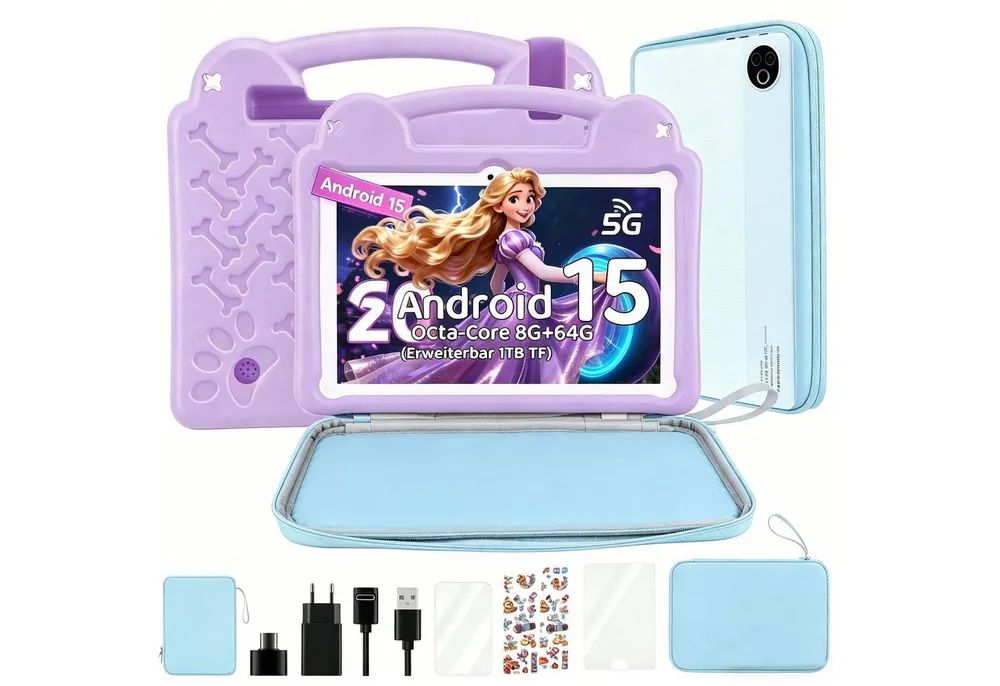 LETGOSPT Kinder Lern-Tablet 10.1'' Android 15, 64 GB 1280x800 IPS HD Octa Core Tablet (10.1", 64 GB, Android 15, 2.4G+5G WIFI6, 6000mAh mit WiFi 6 Bluetooth 5.0 GMS mit Sticker und computertasche)