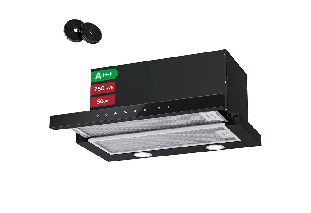 Levivo Flachschirmhaube A+++ Dunstabzugshaube 60cm Umluft & Abluft mit 750 m³/h A+++ Dunstabzugshaube 60cm Umluft & Abluft mit 750 m³/h, Aktivkohlefiltern, Fettfiltern, LED-Beleuchtung