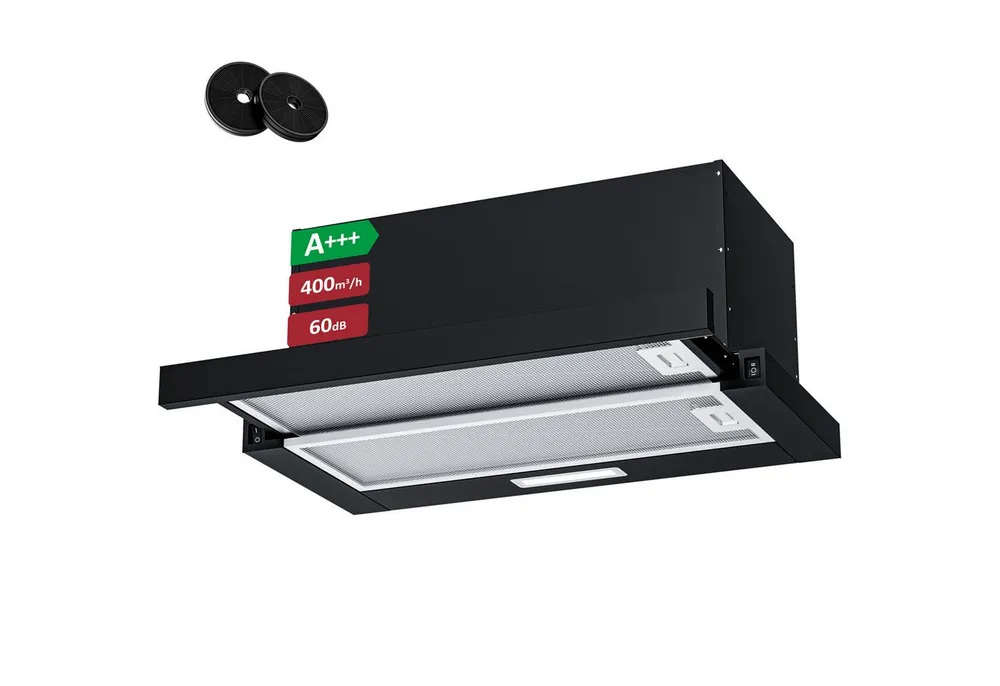 Levivo Flachschirmhaube A+++ Dunstabzugshaube 60cm Umluft & Abluft mit 400 m³/h A+++ Dunstabzugshaube 60cm Umluft & Abluft mit 400 m³/h, Aktivkohlefiltern, Fettfiltern, LED-Beleuchtung