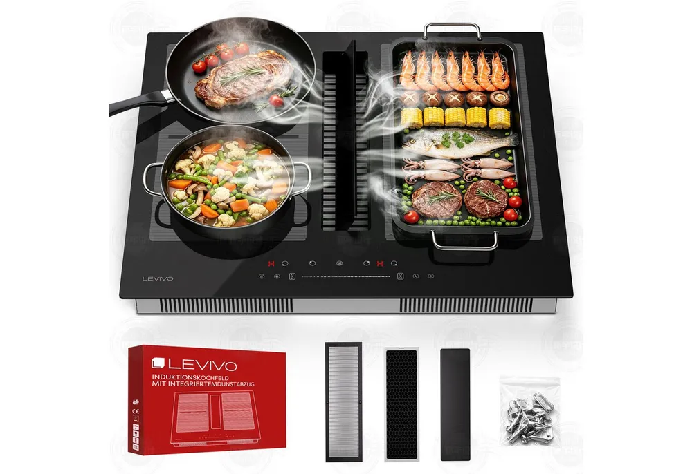 Levivo Induktions-Kochfeld Induktionskochfeld 60 cm mit 531 m³/h Dunstabzug, 9 Stufen & Booster, Touch-Control, Timer, Bridge Funktion, 7270 W