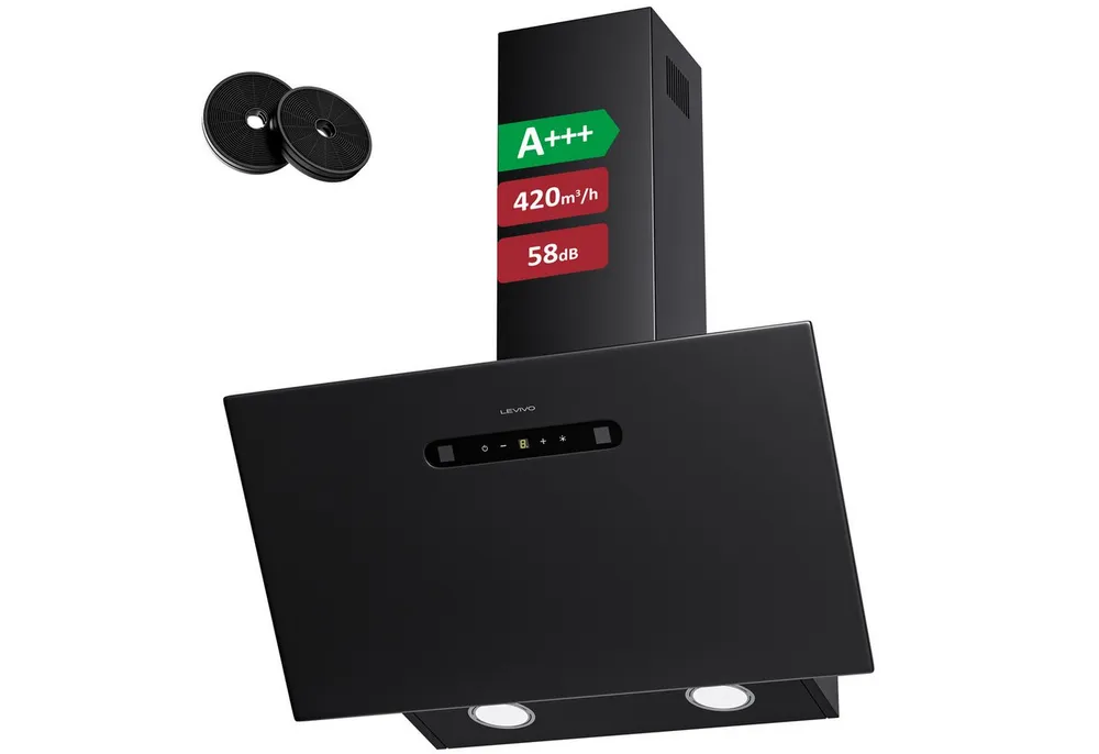 Levivo Kopffreihaube A+++ 420 m³/h Dunstabzugshaube 60cm Umluft & Abluft A+++ 420 m³/h Dunstabzugshaube 60cm Umluft & Abluft, Aktivkohlefiltern, Fettfiltern, LED-Beleuchtung