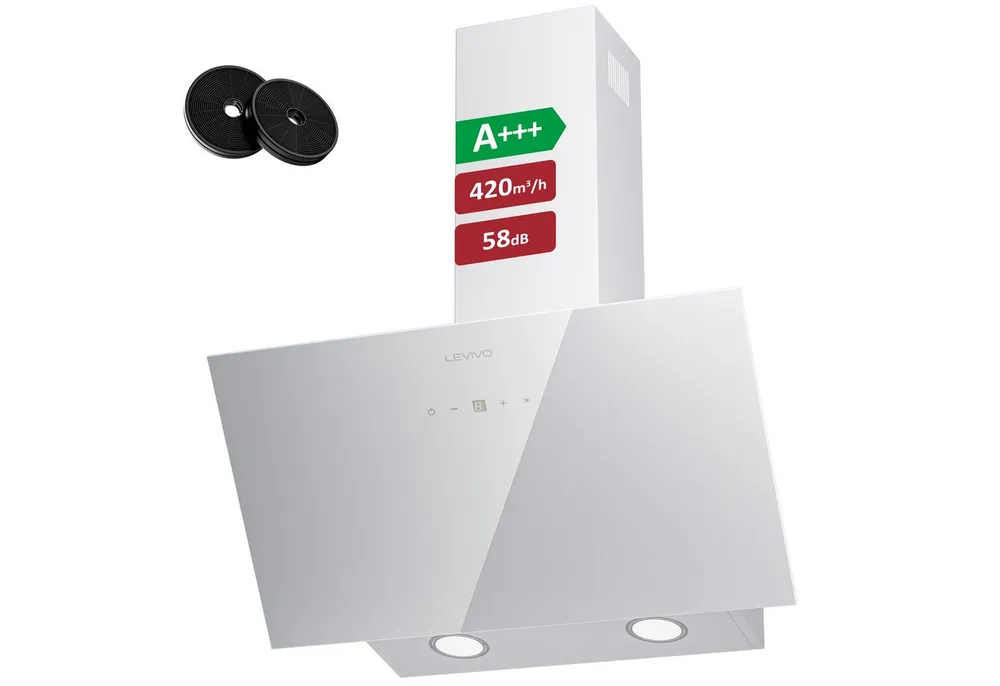 Levivo Kopffreihaube A+++ Dunstabzugshaube 60cm Umluft & Abluft mit 420 m³/h Luftleistung A+++ Dunstabzugshaube 60cm Umluft & Abluft mit 420 m³/h Luftleistung, Aktivkohlefiltern, Fettfiltern, LED-Beleuchtung