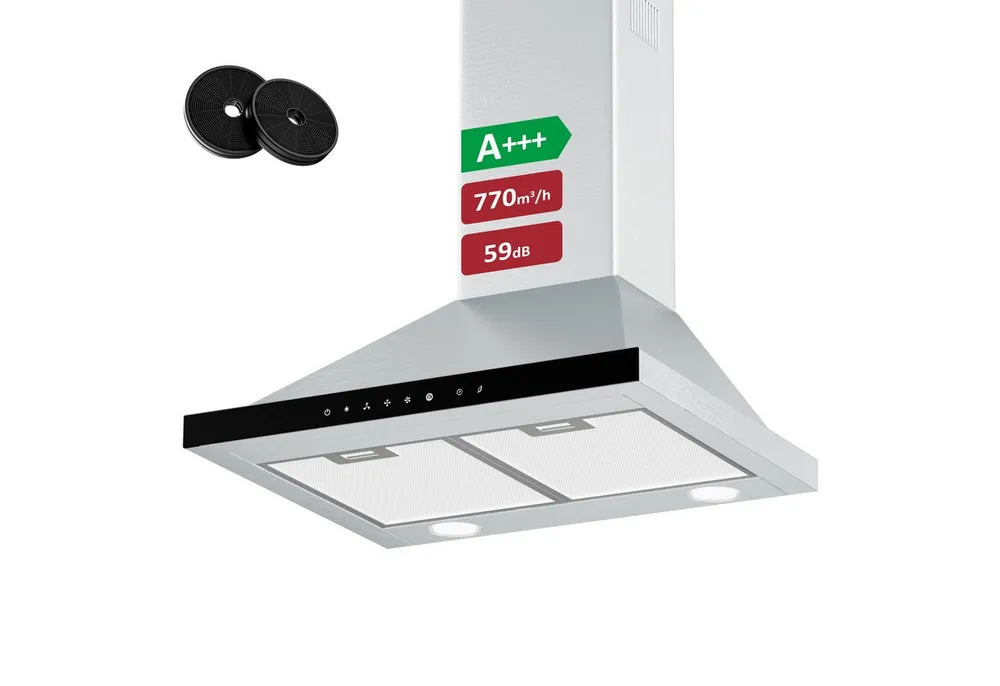 Levivo Wandhaube A+++ Dunstabzugshaube 60cm Umluft & Abluft mit 770 m³/h A+++ Dunstabzugshaube 60cm Umluft & Abluft mit 770 m³/h, Aktivkohlefiltern, Fettfiltern, LED-Beleuchtung