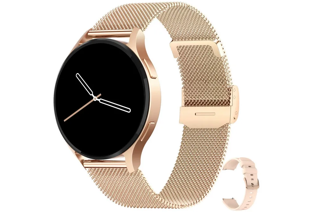 Levowatch EDGY Damen Smartwatch, AMOLED Always-On, KI Steuerung, Fitness Tracker Smartwatch (3,8 cm/1,43 Zoll, Android und iOS) inkl. Wechselarmband, 3 Armbänder, goldfarben, Edelstahlgehäuse, Telefonfunktion, Sprachsteuerung, Puls, Schlafüberwachung, wasserdicht, Blutdruck, Frauenmonitor, Anrufe, Musik, Markenqualität