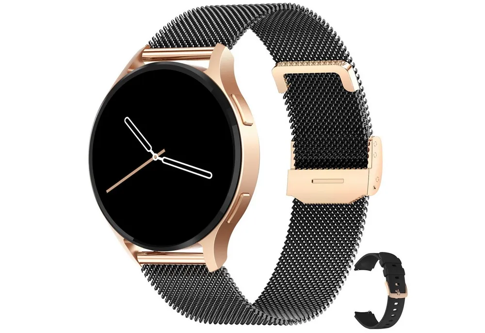 Levowatch EDGY Damen Smartwatch, AMOLED Always-On, KI Steuerung, Fitness Tracker Smartwatch (3,8 cm/1,43 Zoll, Android und iOS) inkl. Wechselarmband, 3 Armbänder, goldfarben, Edelstahlgehäuse, Telefonfunktion, Sprachsteuerung, Puls, Schlafüberwachung, wasserdicht, Blutdruck, Frauenmonitor, Anrufe, Musik, Markenqualität