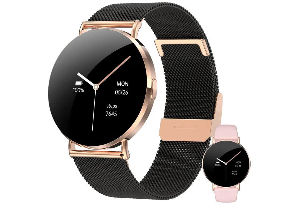 Levowatch EVE Damen Smartwatch, 7mm dünn, Sprachassistent, AMOLED Always-On Smartwatch (4 cm/1,3 Zoll, Android und iOS) Fitness Tracker Uhr, 3 Armbänder, Periodenzyklus, wasserdicht, 7mm Metallgehäuse, 4-teilig, Telefon Funktion, 41mm Damengröße, Anrufe, Schrittzähler, Puls, Blutdruck, Stress-, Schlafüberwachung