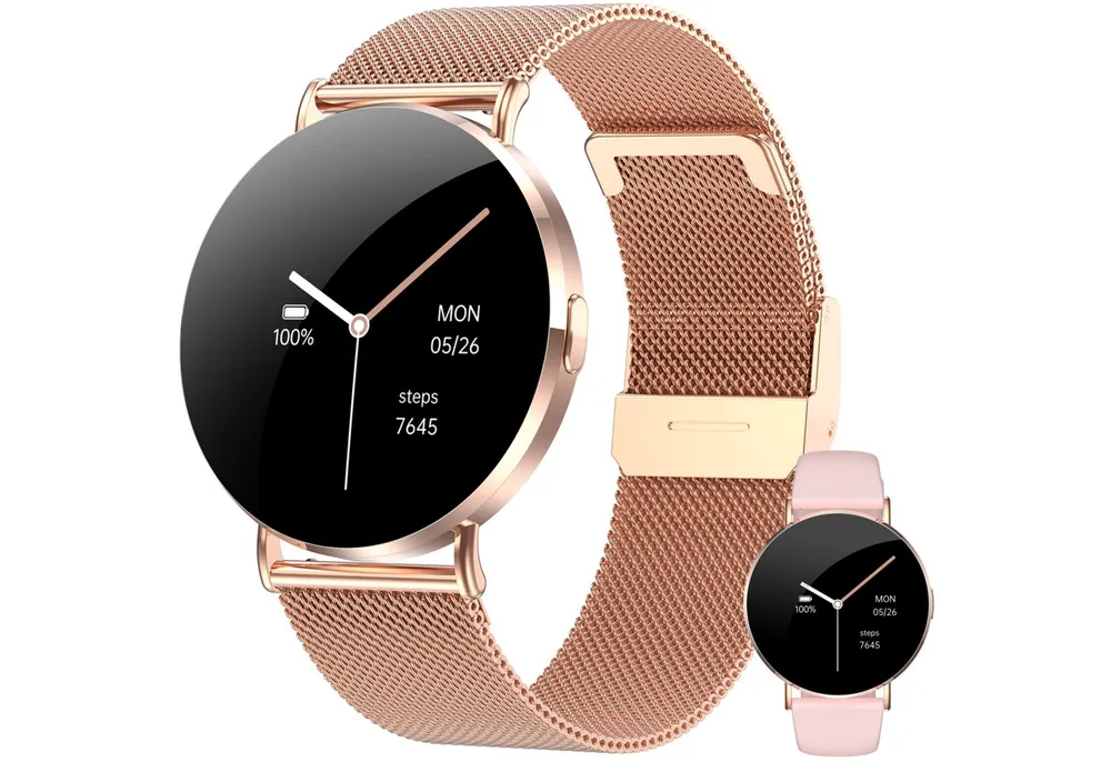 Levowatch EVE Damen Smartwatch, extraflach, Sprachsteuerung, AMOLED Always-On Smartwatch (4 cm/1,3 Zoll, Android und iOS) Fitness Tracker Uhr, Blutdruck, Periodenzyklus, wasserdicht, 7mm Metallgehäuse, 4-teilig, Anruf Funktion, 41mm Damen-Größe, Sporterkennung, Anrufe, Schrittzähler, Puls, 3 Armbänder, Stress-, Schlafüberwachung