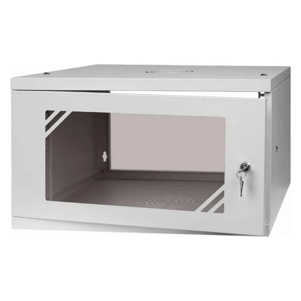 LEXI-Net 19" Wandschrank Basic 6HE, Breite 520mm, Tiefe 450mm, Glastür, ohne Rückwand, aufgeklappt, grau