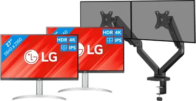 LG 27UP83AK-W Doppelpack + BlueBuilt Monitorhalterung Mechanische Feder für 2 Monitore