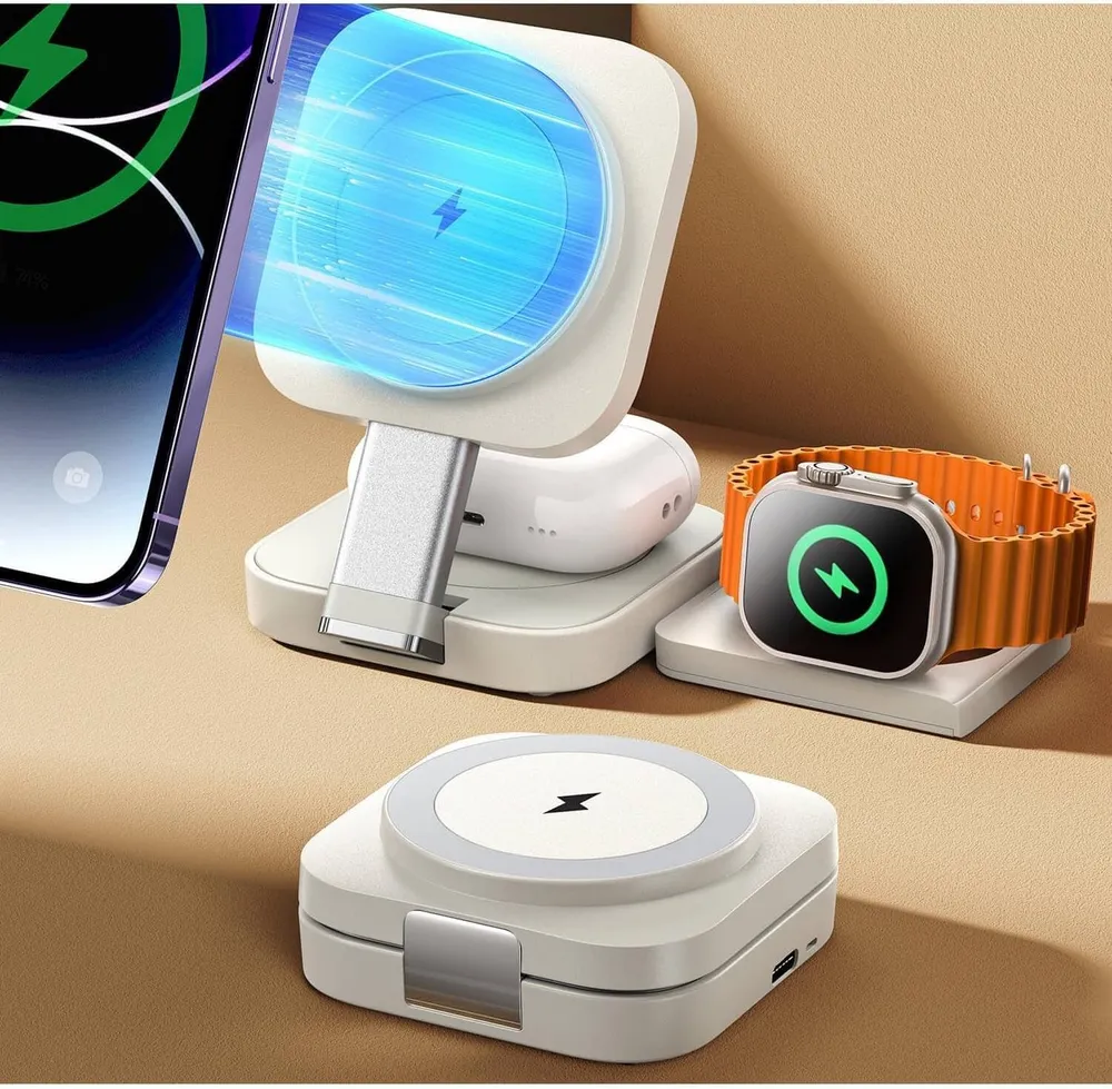 LIANNA Magnetisches kabelloses 3-in-1-Ladegerät – Telefon Smartphone-Ladegerät (2000 mA, Set, 2-tlg., Kopfhörer Ladestation Es kann auch drahtlos Mobiltelefone, Uhren und Kopfhörer aufladen,Laden Sie 3 Geräte gleichzeitig auf)