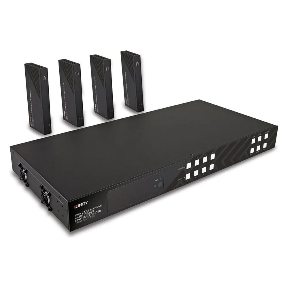 Lindy 150m Cat.6 4x4 HDMI 4K60 HDBaseT Matrix Extender Set mit HDBaseT-Sender und 4 Empfängern