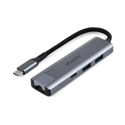 Hub Lindy 4 Ports 10 Gbps USB 3.2 Gen 2 Aluminium Grau mit Ethernet