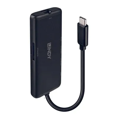 Hub USB-C Lindy 43358 Aluminium 3 USB-Ports, HDMI 4K, Ethernet, SD/TF-Leser, 100W PD, Schwarz