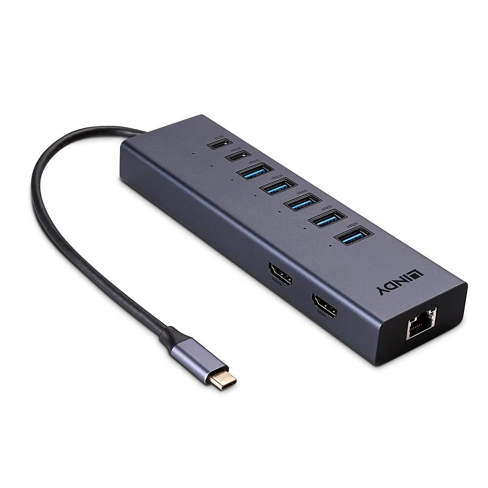 USB-C Hub 5x USB 3.2 Gen 2 Typ A, 1x USB-C, 2x HDMI 8K 100W Ethernet Grau Aluminium