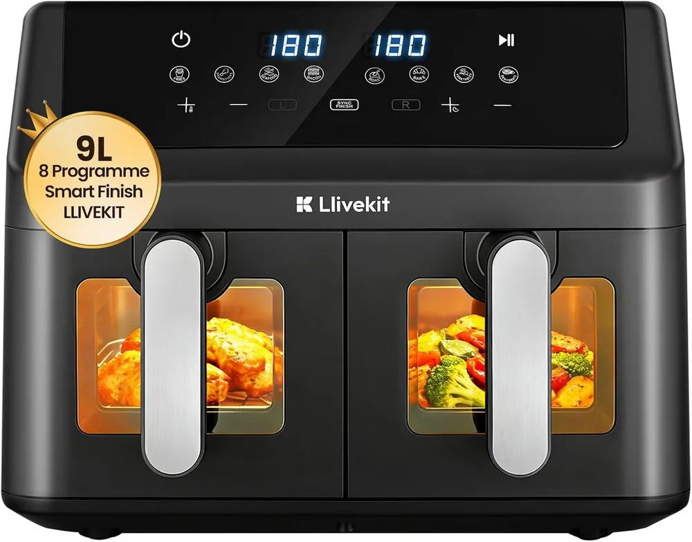 LLIVEKIT Heißluftfritteuse, 1000 W, 9L Doppelkammer, 2x4,5L Airfryer mit automatischer Abschaltung