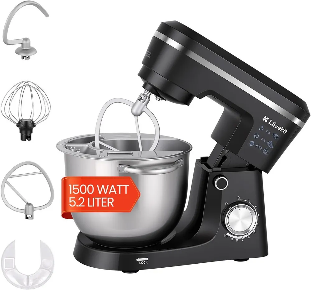 LLIVEKIT Küchenmaschine, 1500 W, 5,2 l Schüssel, mit 10 Geschwindigkeiten