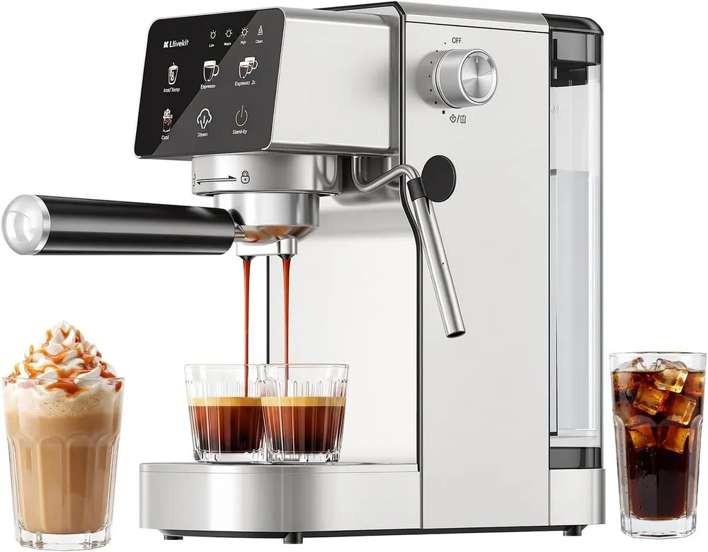 LLIVEKIT Siebträgermaschine, 20 Bar mit Milchaufschäumer, Kapsel & Kaffeepulver geeignet