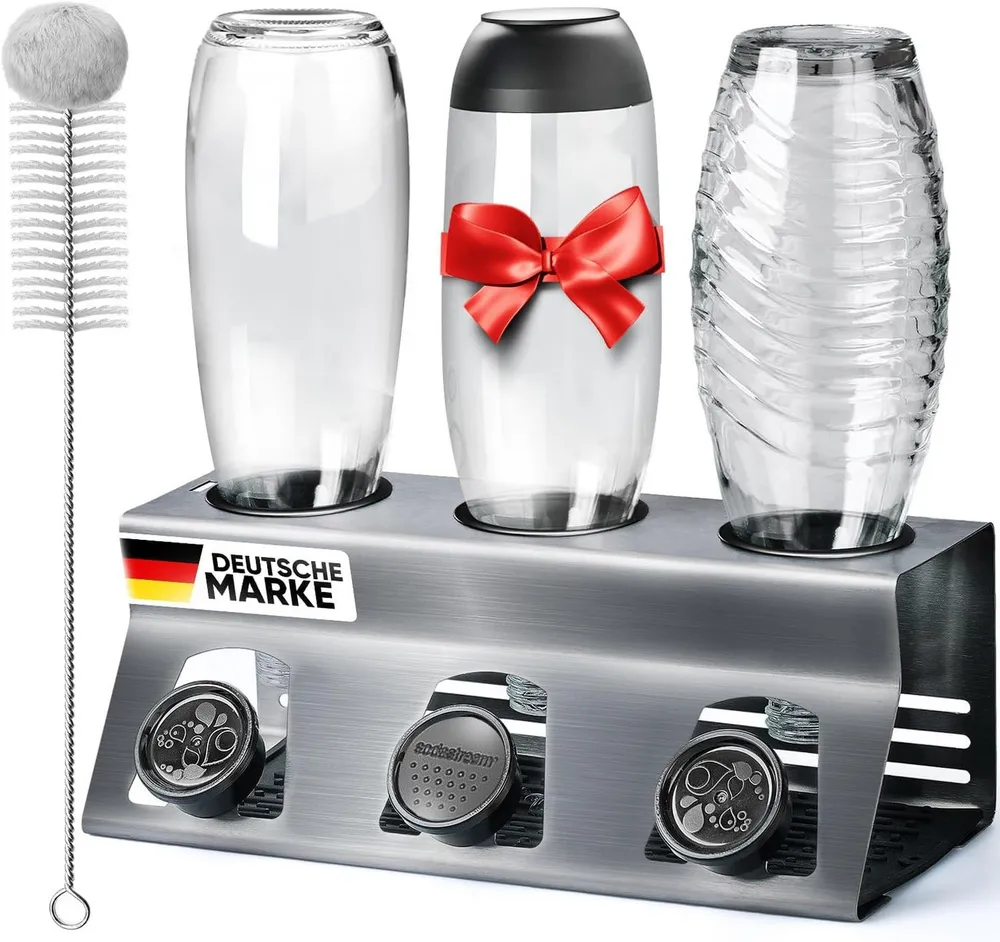 Loco Bird Flaschenhalter für SodaStream aus Edelstahl mit Kantenschutz, (Für, 3-St., Flaschen mit Flaschenbürste und Abtropfmatte), für Soda Stream Crystal, Easy, Fuse, Emil Flaschen