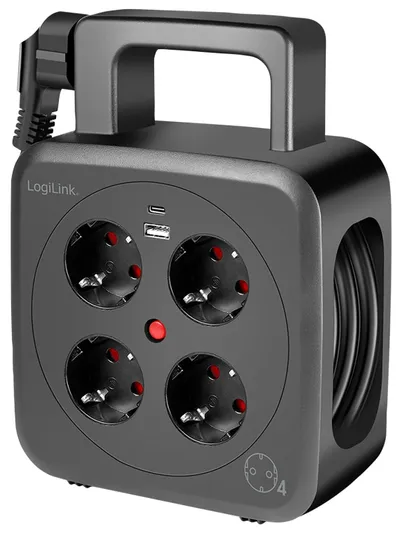 LOGILINK Kabeltrommel LPS504, 4-fach, 1x USB-A, 1x USB-C, 3000 W, 5 m