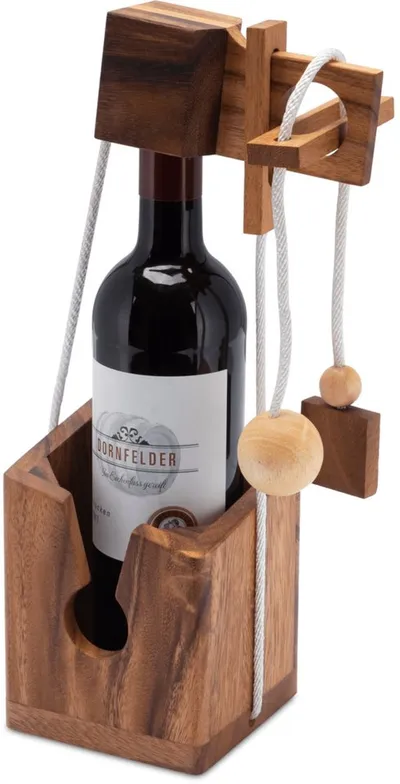 LOGOPLAY Flaschenhalter Flaschen-Tresor, (1-St), Flaschen-Tresor Holz Geschenkverpackung mit Knobelspiel