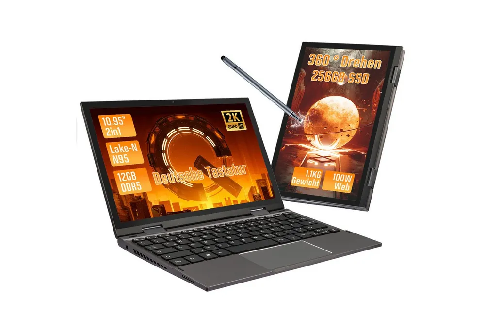 LONGEVINCE 10,95'' 2-in-1 N95 Laptop, 12GB DDR5, Touchscreen Notebook (27,81 cm/10.95 Zoll, Intel, 12 GB, 256 GB SSD, 360° Drehbar, Touchscreen & Stift, Windows 11 Pro, 4500mAh Akku)
