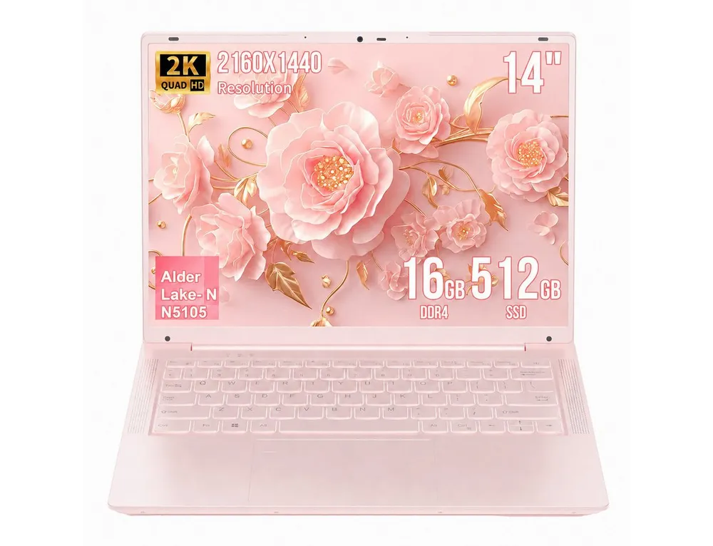 LONGEVINCE 14-Zoll-2K-IPS-Laptop mit Intel Celeron N5105, 16GB DDR4 Notebook (35,56 cm/14 Zoll, Intel Celeron N5105, Intel UHD Graphics, 16 GB, 512 GB SSD, Windows 11 Pro, Fingerabdrucksensor, wählbar 512GB / 960GB SSD)