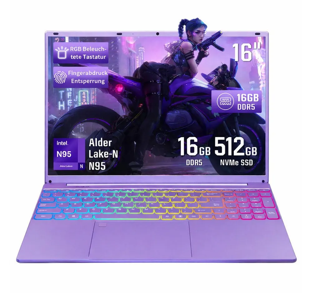 LONGEVINCE 16" Laptop, FHD Display, N95 CPU, 180° Scharnierdesign Notebook (40,64 cm/16 Zoll, Intel Alder Lake-N, Intel UHD Graphics, 16 GB, 512 GB SSD, Tastatur mit Hintergrundbeleuchtung, Fingerabdruckerkennung, Lila)