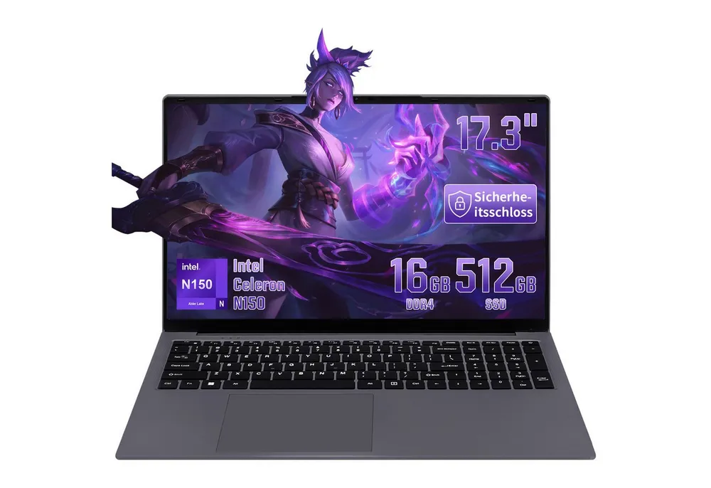 LONGEVINCE 17,3-Zoll-Laptop mit Full-HD-IPS-Display, Intel Celeron N150 Notebook (43,9 cm/17.3 Zoll, Intel Celeron N150, 16 GB, 512 GB SSD, 180° aufklappbares Scharnier, Beleuchtete Tastatur mit Nummernblock)