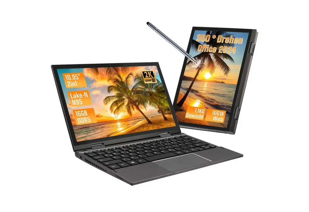 LONGEVINCE 2-in-1 Notebook mit 360°-Klappbildschirm, 16 GB DDR5, Touchscreen Notebook (27,81 cm/10.95 Zoll, Intel Celeron N95, 16 GB, 960 GB SSD)