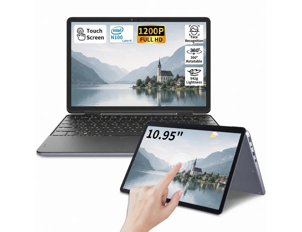 LONGEVINCE 2-in-1 Touchscreen Laptop 10,95", 16GB RAM Notebook (27,81 cm/10,95 Zoll, Intel, Intel UHD Graphics, 16 GB, 512 GB SSD, 360° Convertible, Intel N100, Windows 11 Pro, 4000mAh Akku)