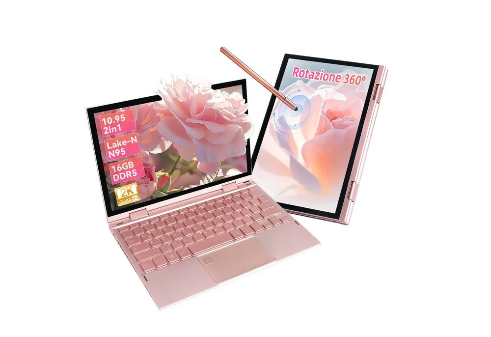 LONGEVINCE Rosa 2-in-1 Laptop mit 360°-Flip-Bildschirm, 16GB DDR5 Notebook (27,81 cm/10.95 Zoll, Intel ‎Celeron N95, 16 GB, 476 GB SSD, Rosa Ultrabook, Mini-Laptop, 2K-Touchdisplay)