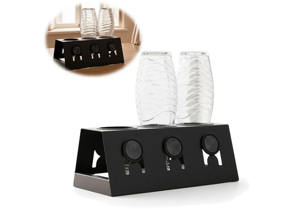LS-LebenStil Flaschenhalter Metall Flaschenständer Schwarz passend für 3 Sodastream Flaschen, (Schwarz Mattiert - mit Abtropfschale - ausziehbar - Abtropfständer, 1-St., Abtropfgestell für Emil Flaschen Crystal Flaschen)