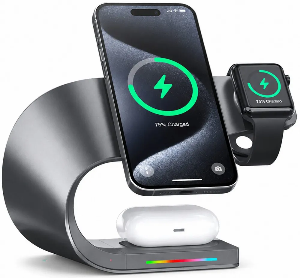 Luckice 4-in-1 Induktive Ladegerät,Wireless Charger Ladestation mit bis zu 15W Ladestation (N52-Magnet, USB-A-Ausgang und LED-Anzeige, für iPhone 12–17, Apple Watch Series und AirPods MagSafe Ladestation, kompatibel Schnellladestation mit Ladestatusanzeige)