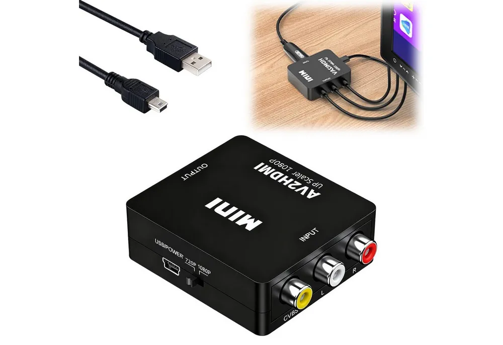 Luckice AV auf HDMI-Adapter, 1080P RCA-zu-HDMI-Konverter Plug Adapter RCA (CVBS) Eingang, HDMI Ausgang, Micro-USB Stromanschluss zu 3 RCA-Eingänge, HDMI-Ausgang, Micro-USB-Stromanschluss, Abspielen 720p/1080p@60Hz Composite CVBS Video-Audio-Konverter