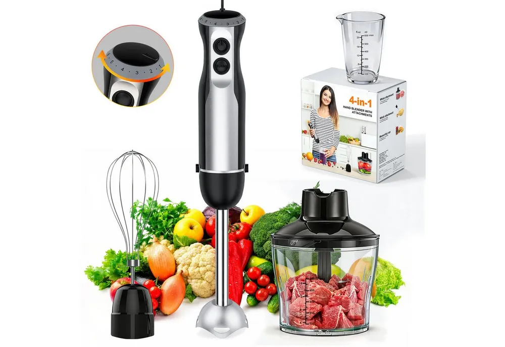 Luckice Stabmixer 1000W 4in1 Elektrisch Edelstahl Pürierstab mit 6 Geschwindigkeiten, 1000 W, TURBO-Taste für die Zubereitung von Soße,Babynahrung und Suppe