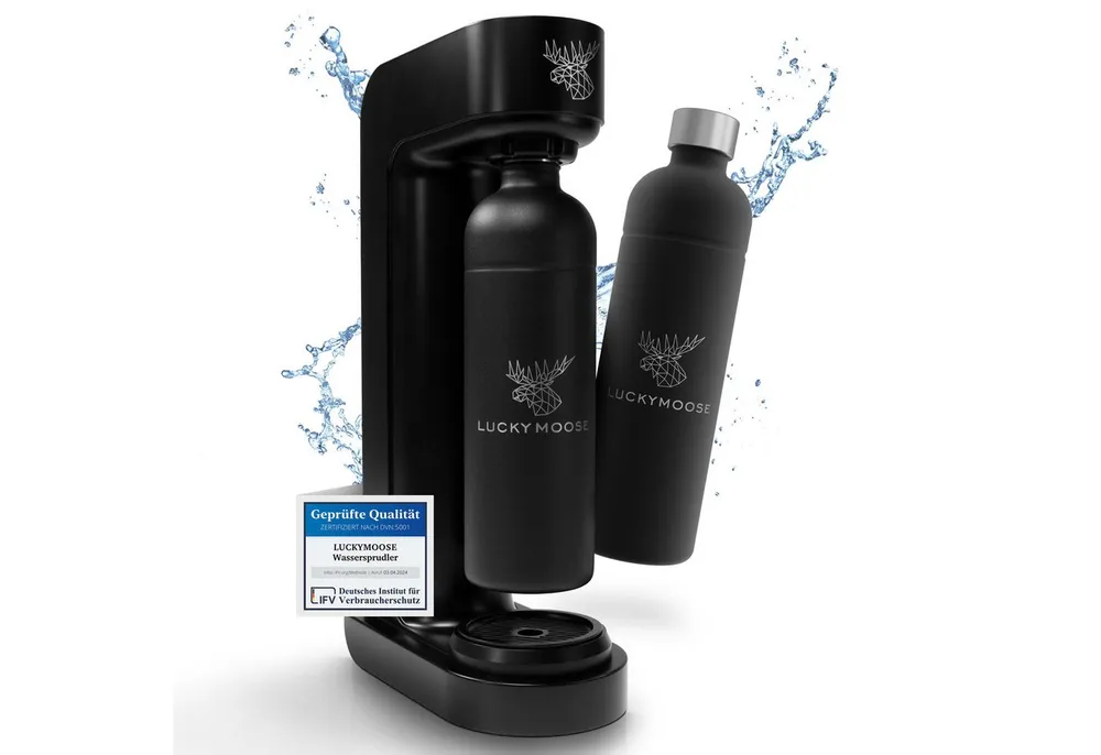 Luckymoose Wassersprudler Infinity mit 2x 1,25L spülmaschinenfesten Edelstahlflaschen, (2x Schwarz-tlg), Spart bis zu 25% CO2, Flaschen spülmaschinenfest & ohne Ablaufdatum