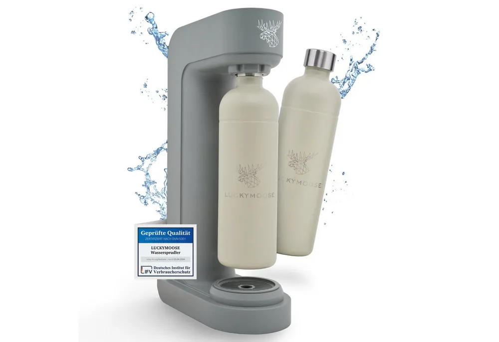Luckymoose Wassersprudler Infinity mit 2x 1,25L spülmaschinenfesten Edelstahlflaschen, (2x Sand-tlg), Spart bis zu 25% CO2, Flaschen spülmaschinenfest & ohne Ablaufdatum