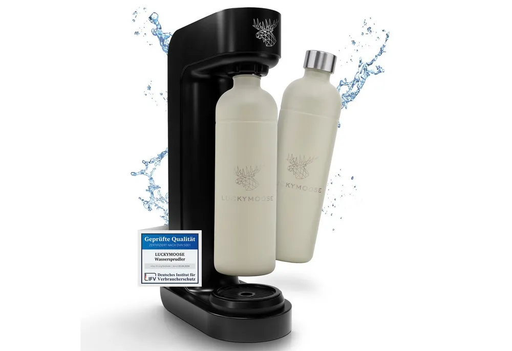 Luckymoose Wassersprudler Infinity mit 2x 1,25L spülmaschinenfesten Edelstahlflaschen, (2x Sand-tlg), Spart bis zu 25% CO2, Flaschen spülmaschinenfest & ohne Ablaufdatum