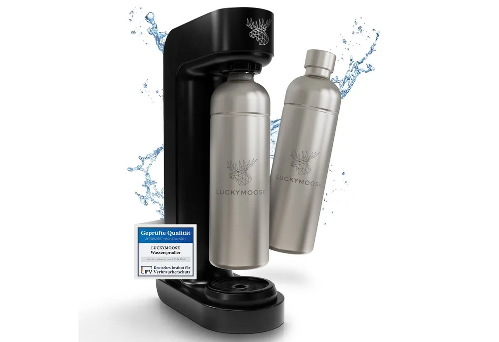 Luckymoose Wassersprudler Infinity mit 2x 1,25L spülmaschinenfesten Edelstahlflaschen, (2x Silber-tlg), Spart bis zu 25% CO2, Flaschen spülmaschinenfest & ohne Ablaufdatum