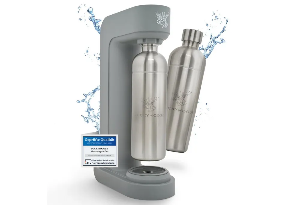 Luckymoose Wassersprudler Infinity mit 2x 1,25L spülmaschinenfesten Edelstahlflaschen, (2x Silber-tlg), Spart bis zu 25% CO2, Flaschen spülmaschinenfest & ohne Ablaufdatum
