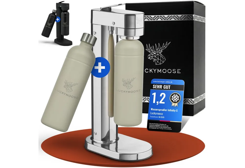 Luckymoose Wassersprudler Infinity-S mit 2x 1,25L langlebige Edelstahlflaschen, (2xSand-tlg), Spart bis zu 25% CO2, Flaschen spülmaschinenfest & ohne Ablaufdatum