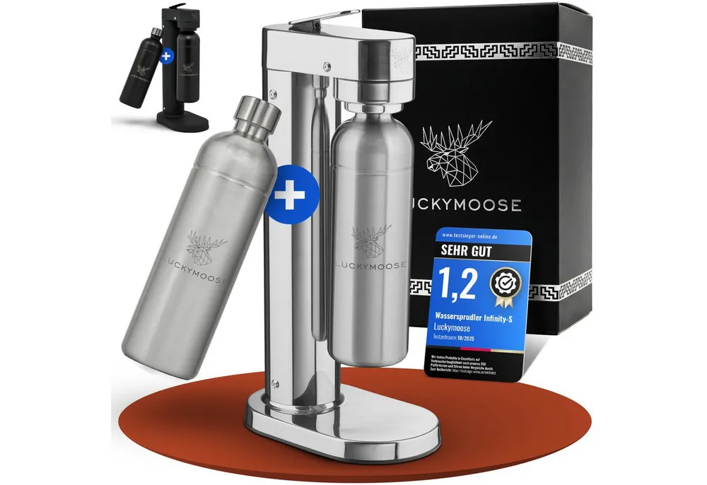 Luckymoose Wassersprudler Infinity-S mit 2x 1,25L langlebige Edelstahlflaschen, (2xSilber-tlg), Spart bis zu 25% CO2, Flaschen spülmaschinenfest & ohne Ablaufdatum