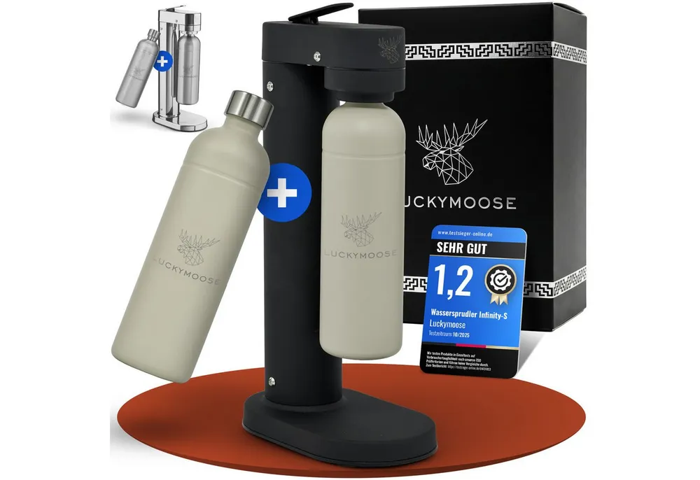 Luckymoose Wassersprudler Infinity-S mit 2x 1,25L langlebige Edelstahlflaschen, (2xSand-tlg), Spart bis zu 25% CO2, Flaschen spülmaschinenfest & ohne Ablaufdatum