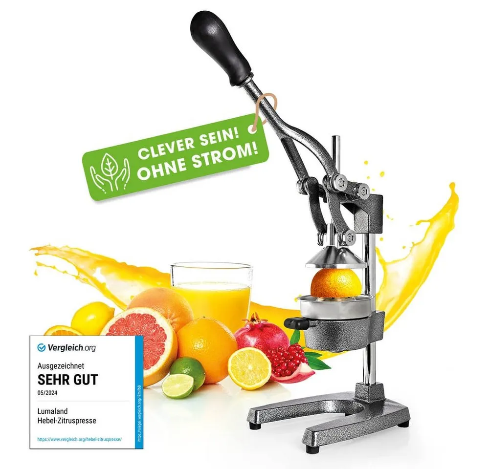 Lumaland Entsafter Saftpresse manuelle Handpresse mit Standfuß & Hebel, Geräuscharmes & müheloses Entsaften, 28 x 18 x 40 cm, 6,3 kg