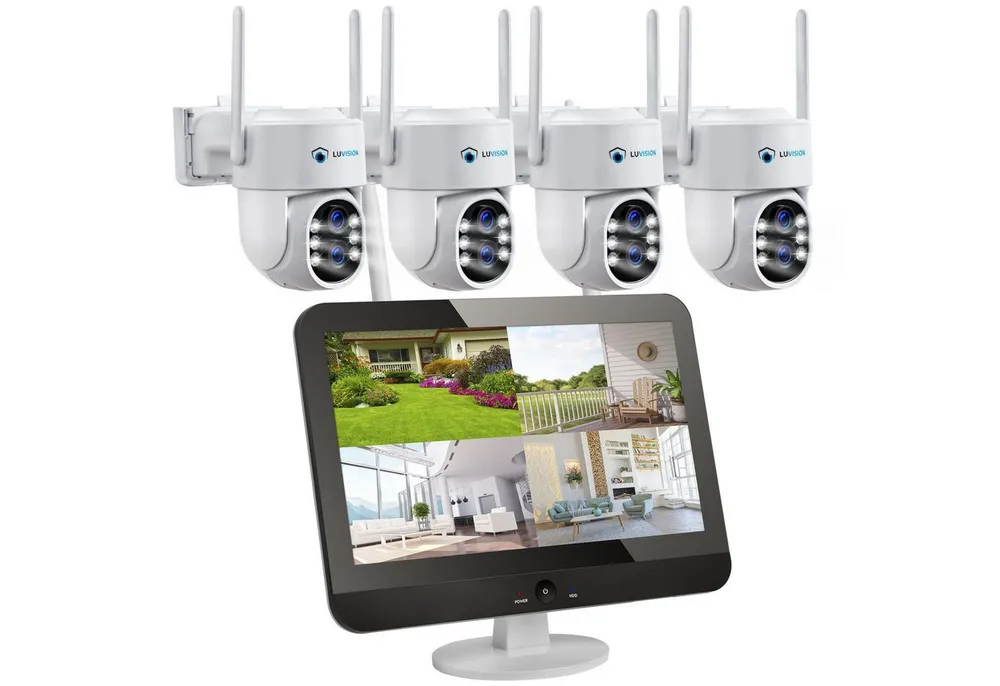 LUVISION Überwachungskamera K8210-W6+PJ2131-W6 4er (Außen- und Innenbereich, 4-tlg., WLAN Funk Überwachungssystem mit 12,5 Monitor Überwachungskamera Set, PTZ, Sirene, Auto-Tracking, KI Person-, Auto-, Tiererkennung, Mikrofon)