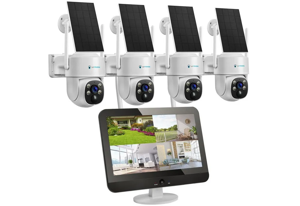LUVISION Überwachungskamera W601 (Außenbereich, 4-tlg., WLAN Solar Akku Überwachungssystem 4 Kanal Funk Kamera Set Mikrofon, 2-Wege Audio, Mikrofon, 10 Kanal NVR, Sirene, Nachtsicht, PTZ)