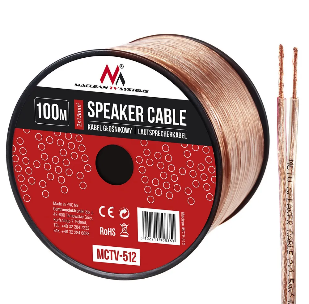 Maclean MCTV-512 Audio-Kabel, (10000 cm), 100m Lautsprecherkabel 2x 1.5mm2